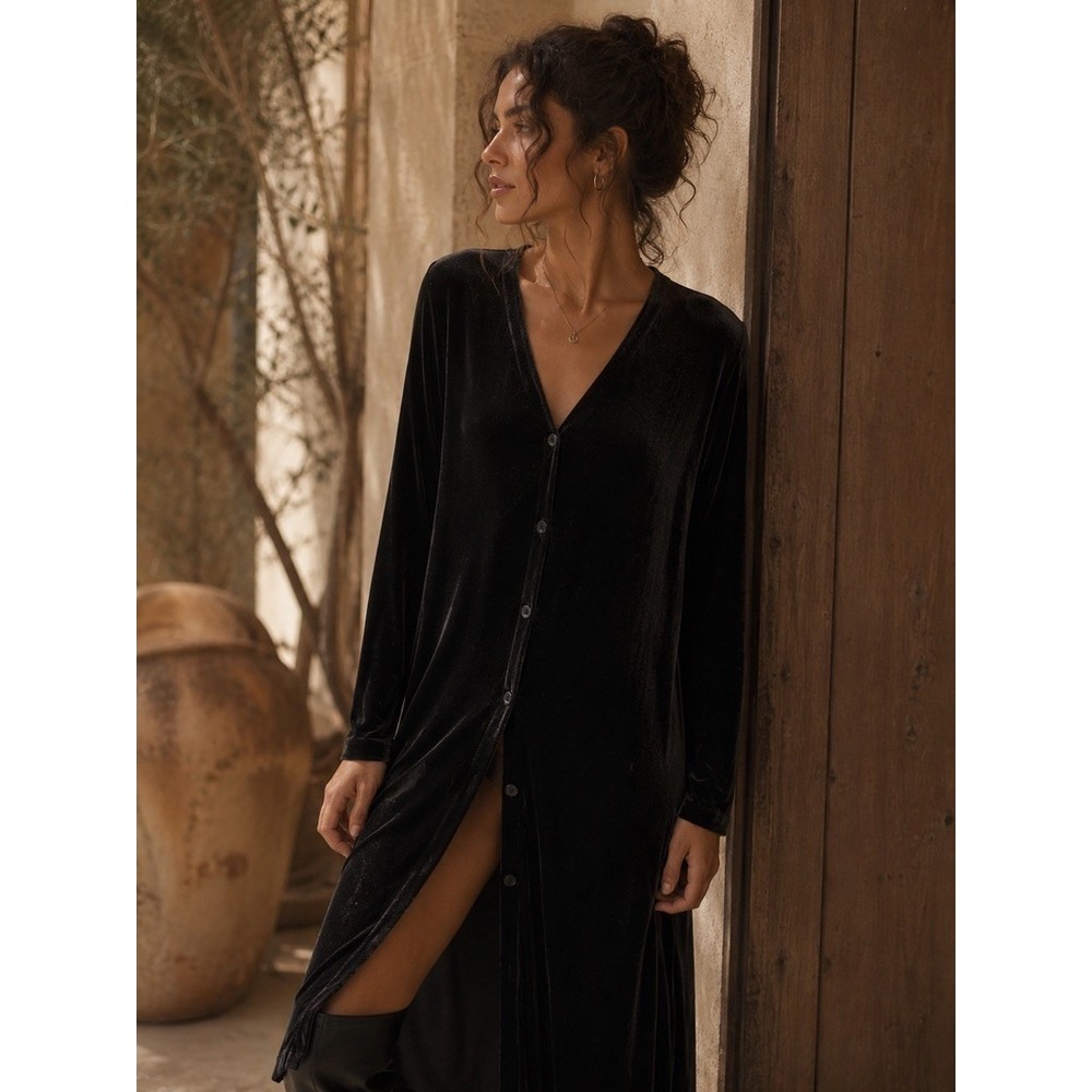 DKNY‎ Womens Black Velvet Button Down Long Sleeve V-Neck Midi Cardigan Dress M